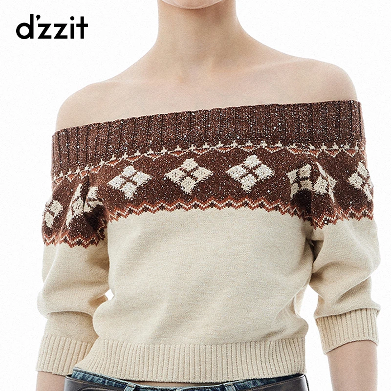 dzzit地素长袖针织衫北欧菱格一字肩上衣女雅丹风3I3E406