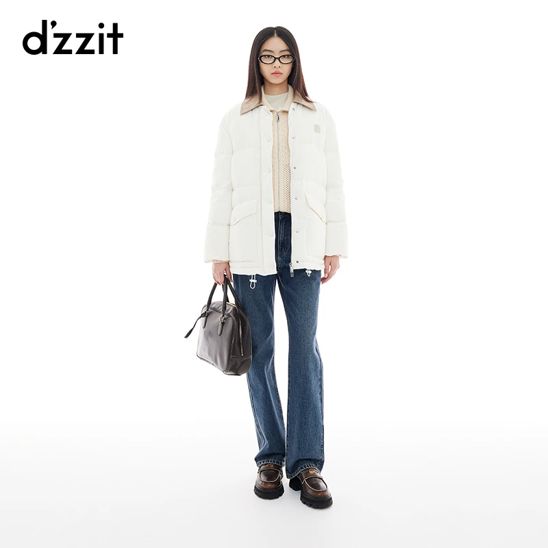 dzzit地素羽绒服冬季复古摩登拼接翻领宽松外套女3I4K215