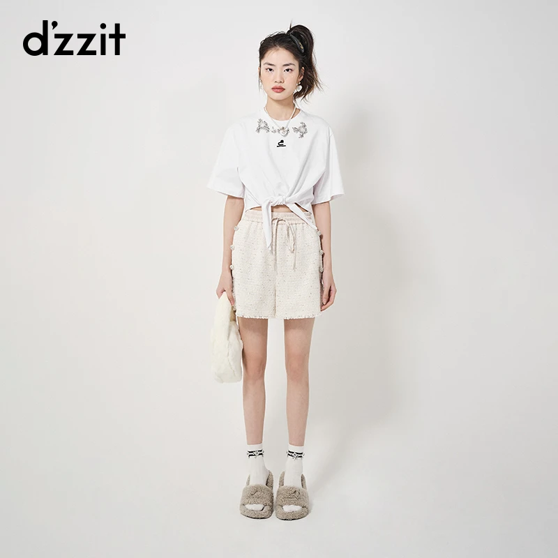 dzzit地素粗花呢短裤小香风松紧腰毛边设计白色休闲裤子女3H3Q115
