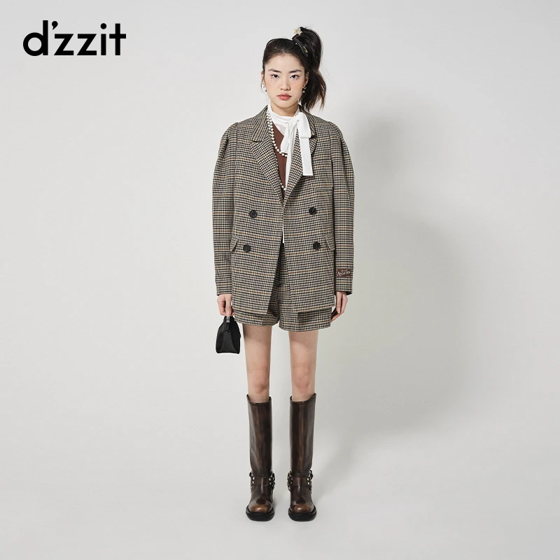 dzzit地素格子外套春秋学院风通勤千鸟格双排扣宽松长袖女3H3F419