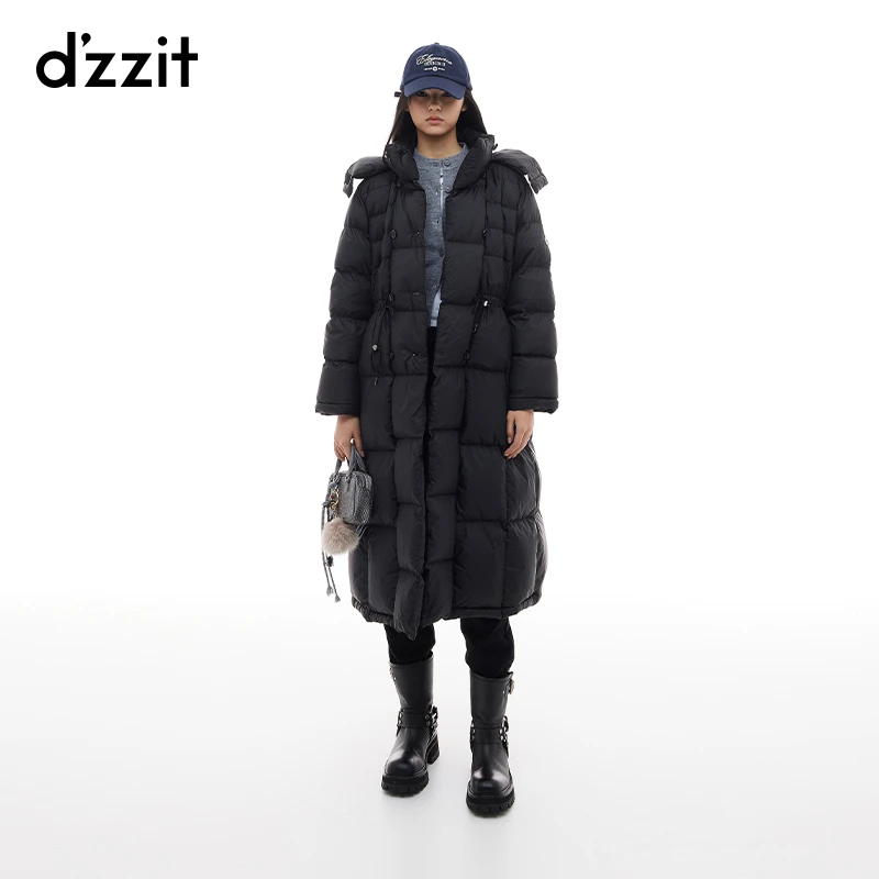 dzzit地素羽绒服冬季时髦简约连帽抽绳收腰长款外套女3I4K405