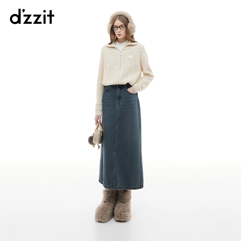 dzzit地素针织衫冬季复古挑洞镂空米白色开衫外套女3I4E559