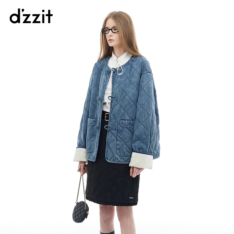 dzzit地素牛仔棉服冬季新中式盘扣设计袖口拼接外套女3I4RB14