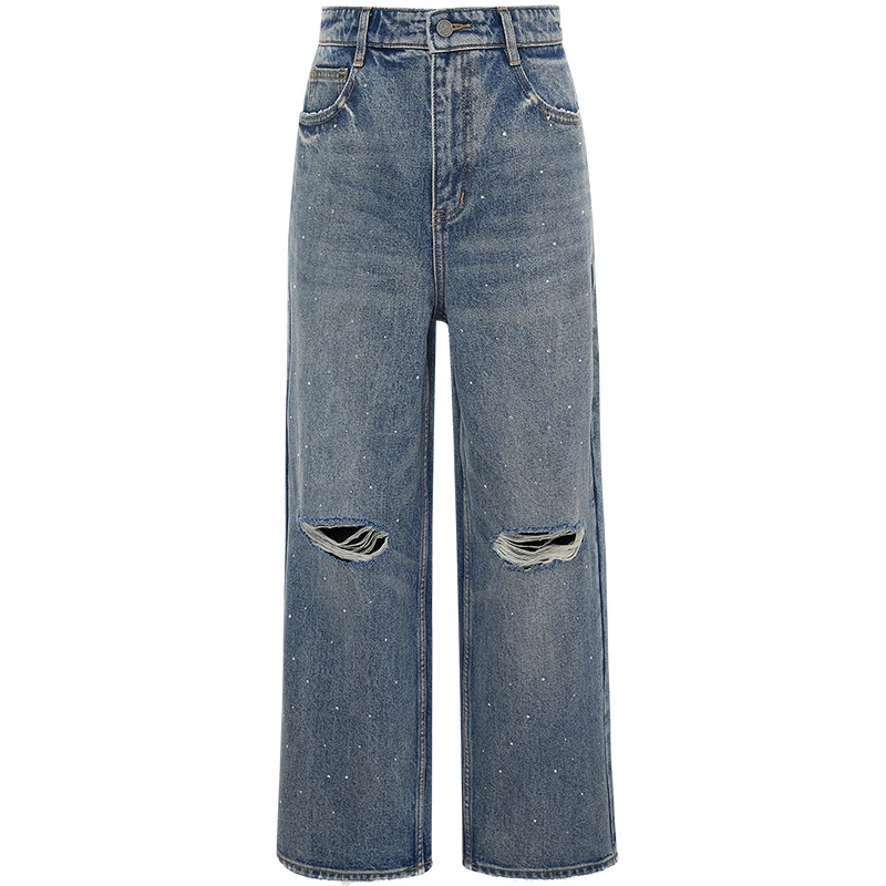 dzzit地素破洞牛仔裤高街烫水钻静奢风直筒长裤女雅丹风3I1R602