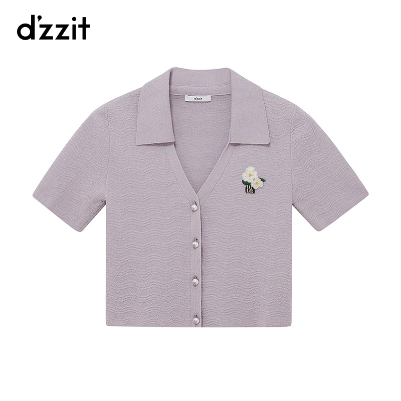 dzzit地素短袖针织衫夏季Polo领珠片绣设计修身短款上衣女3H2E526