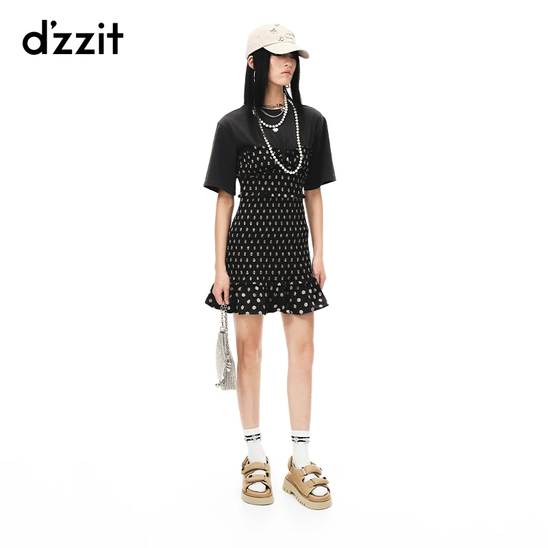 dzzit地素夏秋假两件法式浪漫收腰拼接波点荷叶边裙女时尚3H2O416