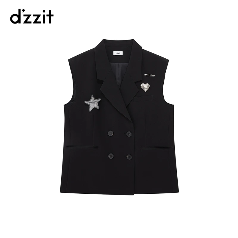 dzzit地素西装马甲春秋气质通勤黑色胸针装饰无袖外套女3H3F001