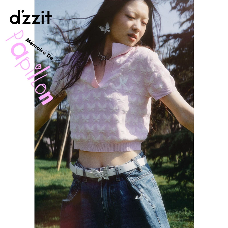【爆款补单】dzzit地素夏秋芭比风蝴蝶提花短款短袖上衣女3H2E325