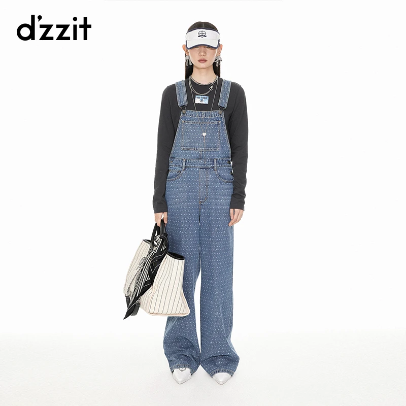 dzzit地素背带牛仔裤春秋波点直筒静奢风长裤女雅丹风3I1R001