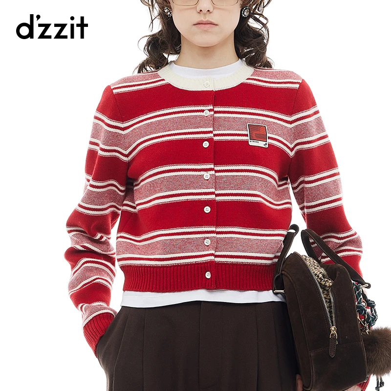 dzzit地素长袖针织衫复古学院风圆领条纹羊毛混纺开衫女3I4E543