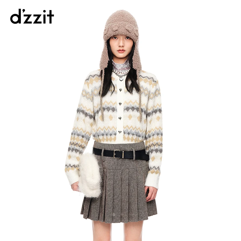 dzzit地素春秋复古条纹时尚设计感上衣短款提花针织开衫3H1E509