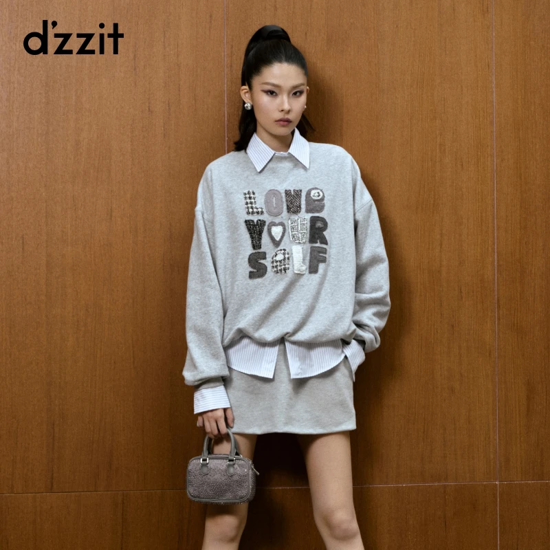 dzzit地素卫衣冬季休闲灰色贴布绣设计圆领长袖上衣女3I4J149