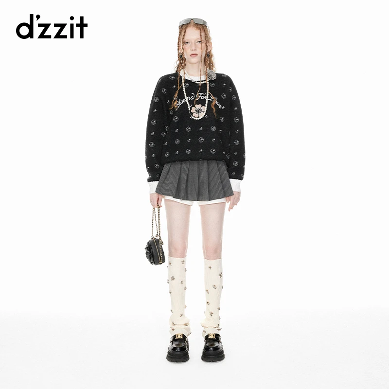 dzzit地素套头针织衫春秋圆领珠片绣雅丹风上衣女3I1E447