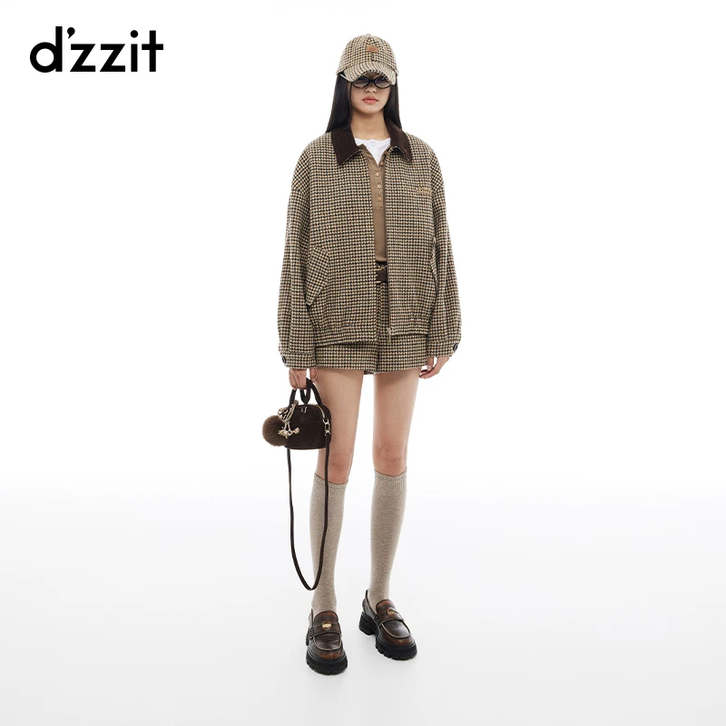 dzzit地素短外套冬季复古雅丹风千鸟格翻领猎装夹克女3I4G126