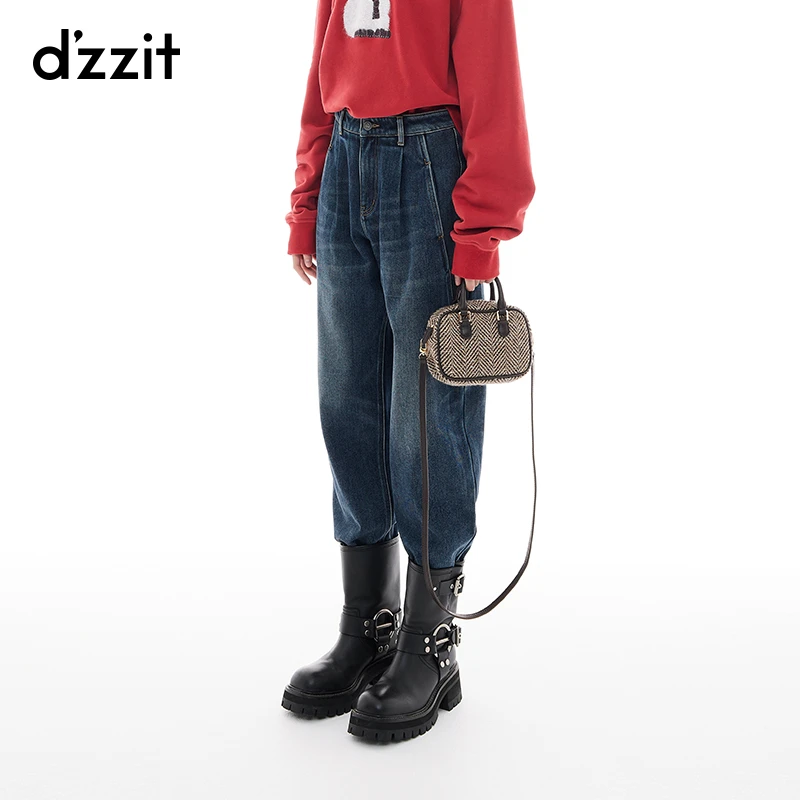 dzzit地素牛仔裤冬季丹宁风毛绒贴标设计锥形裤女3I4R603