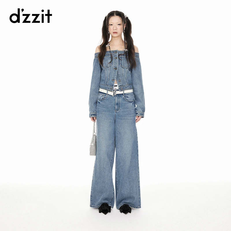 dzzit地素一字肩牛仔上衣夏季设计感小众棉质长袖女3I2RA04