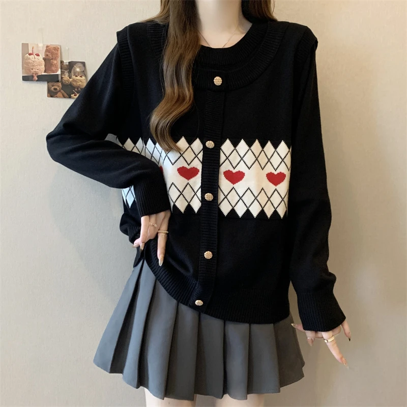 大码假两件针织开衫女2024冬季新款胖妹妹显瘦设计感小众别致毛衣