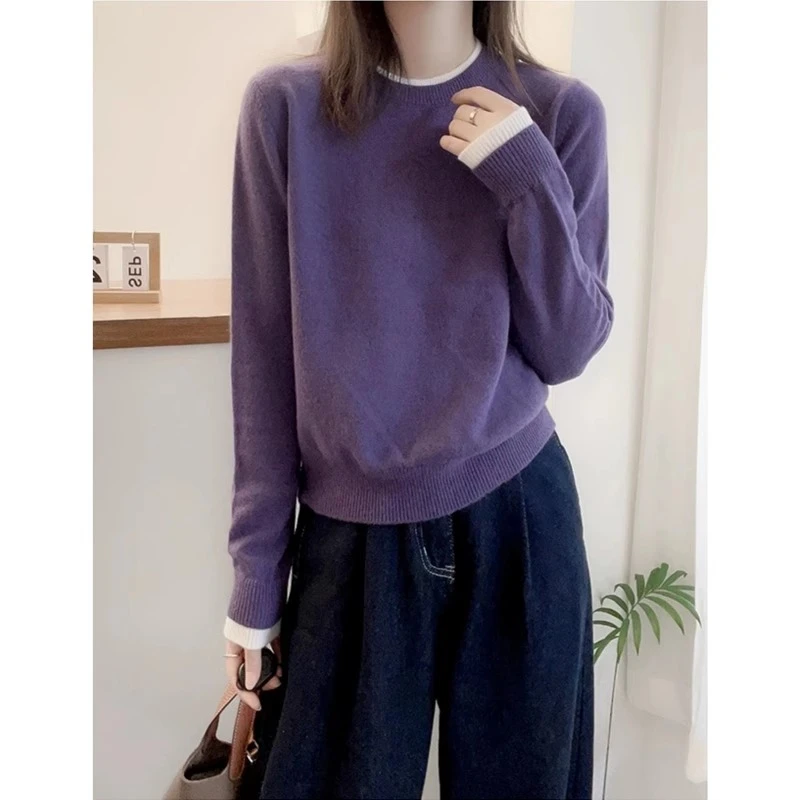 胖妹妹拼接撞色假两件打底针织衫女2025春季新款大码宽松显瘦毛衣