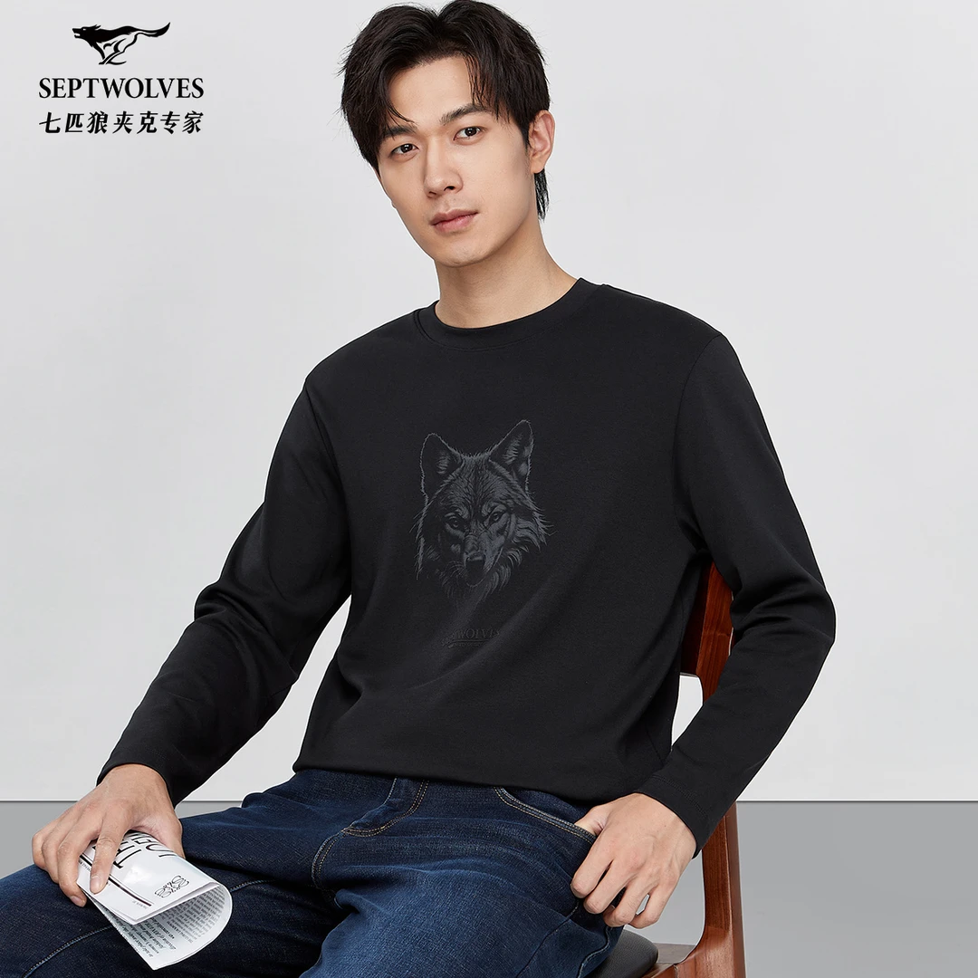 【莫代尔】七匹狼男士长袖T恤2025秋季新款大狼头印花休闲百搭上衣