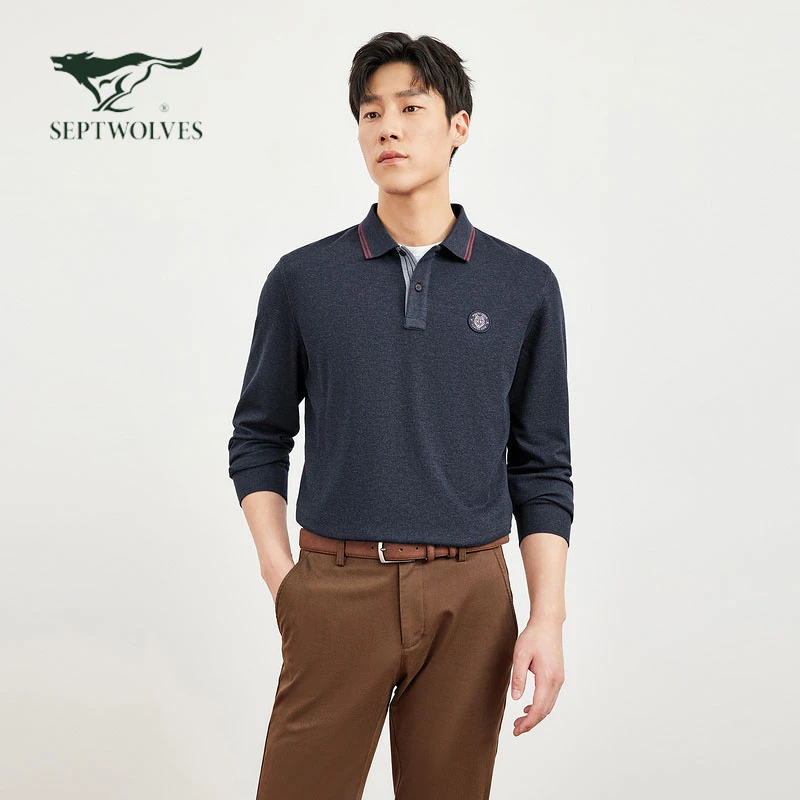 【莫代尔】七匹狼男装春季polo长袖T恤净色翻领体恤舒适柔软商务