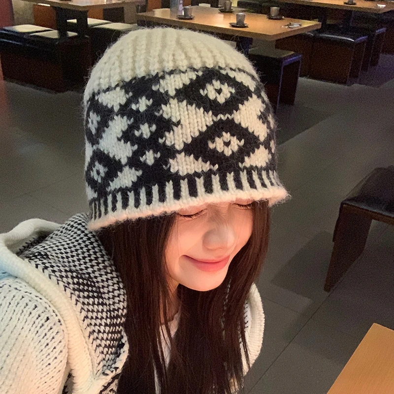 羊棉秋冬季保暖针织帽女显脸小复古潮流毛线帽包头帽子保暖水桶帽