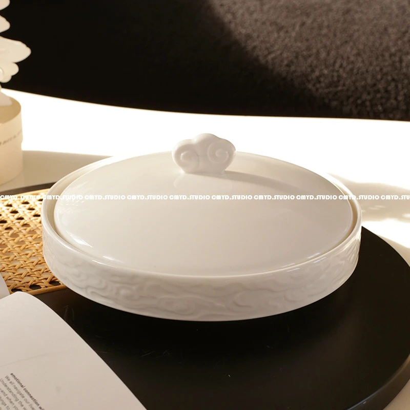 680ml 21.5*6cm 8寸中国风圆炉盘 酒店餐具茄子煲带盖炉陶瓷盘子