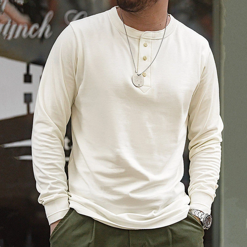 【小扬哥专属】美式复古重磅亨利衫男立领长袖上衣T恤棉硬汉工装！