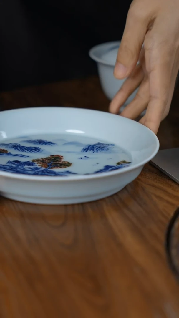 【闪购商品】陶瓷|S54青花釉里红山水盘式壶承