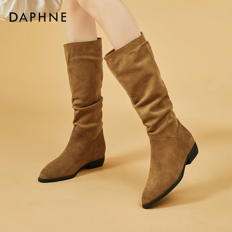 达芙妮堆堆靴女2025新款秋冬平底尖头西部牛仔长靴绒面长筒骑士靴