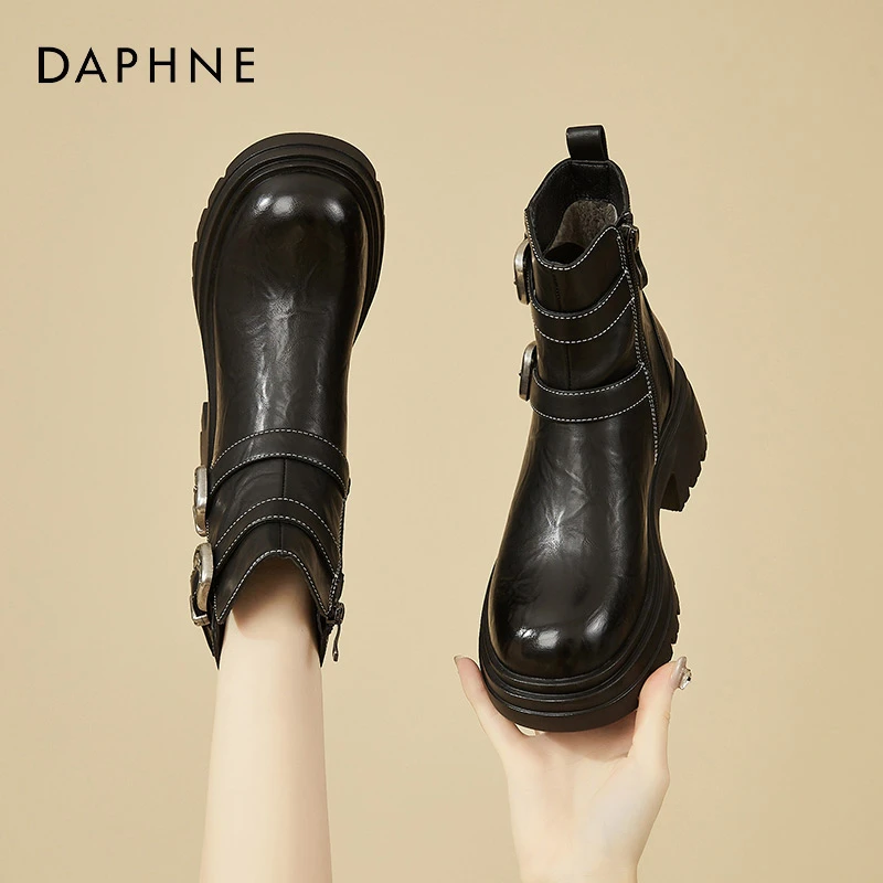 达芙妮厚底马丁靴女2024新款冬季加绒保暖短靴英伦风增高切尔西靴