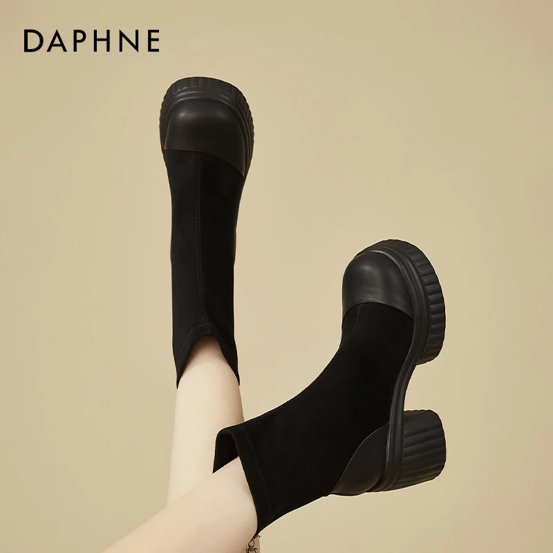 达芙妮粗跟袜靴女2025新款秋冬高跟马丁短靴小个子厚底弹力瘦瘦靴