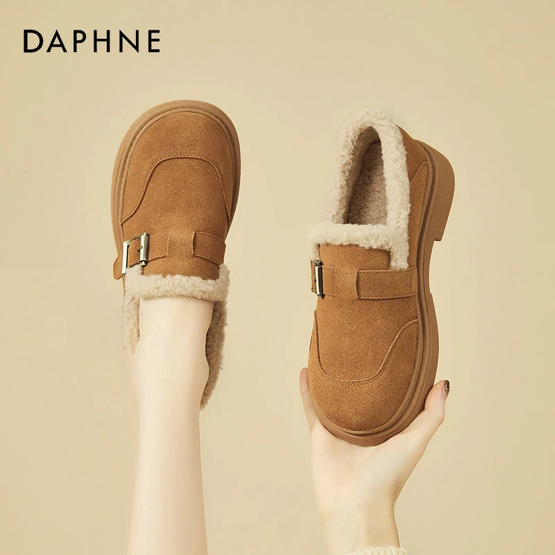 达芙妮真皮厚底乐福鞋女新款冬季复古平底毛毛棉鞋加绒保暖勃肯鞋