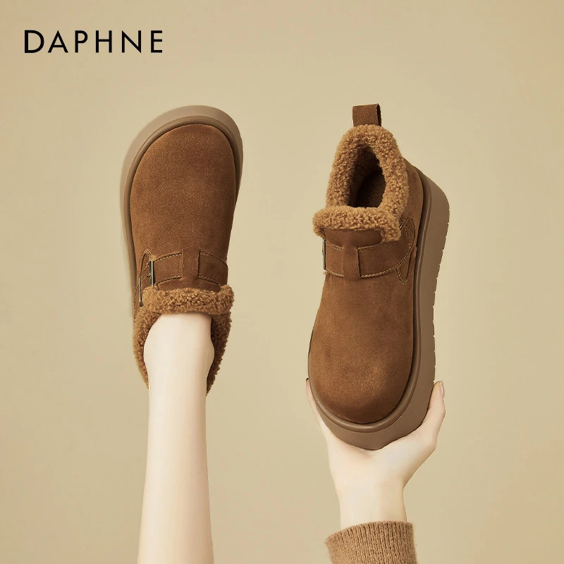 达芙妮厚底勃肯鞋女2025新款冬季棕色复古雪地靴加绒保暖毛毛棉鞋