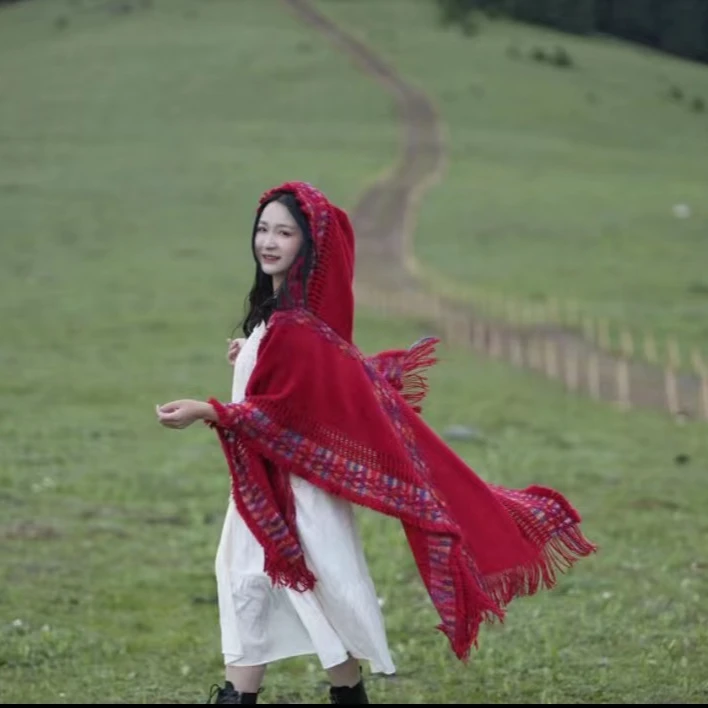 民族风连帽披肩波西米亚流苏针织衫新疆草原旅行民族风开衫外搭