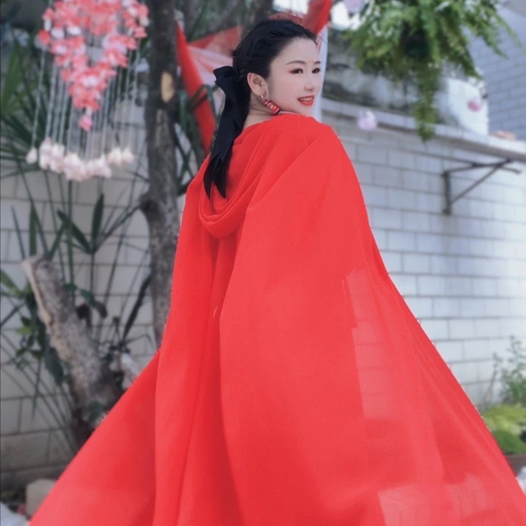 中国风古风连帽飘逸长款披肩仙气薄款夏季春夏红色仙女拍照00952