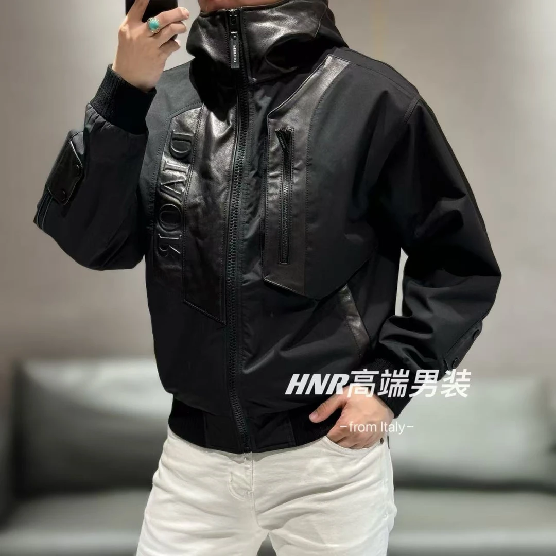 【绵羊皮拼接羽绒服】单色设计款简约时尚休闲百搭连帽羽绒服2437