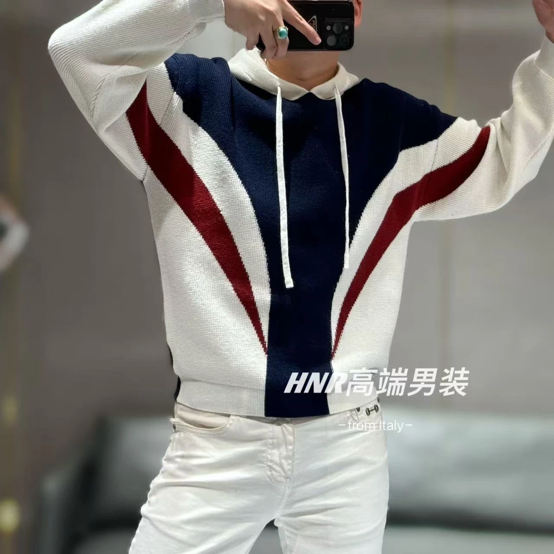 流线设计款撞色拼接秋冬男士休闲百搭潮流时尚针织连帽卫衣Q05