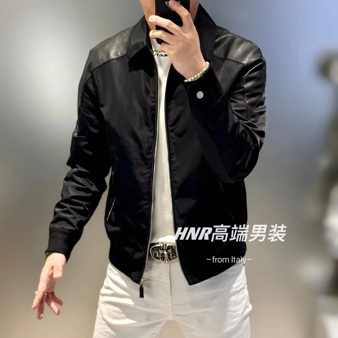 1绵羊皮拼接简约纯色新款男士秋季时尚百搭休闲薄棉夹克2711