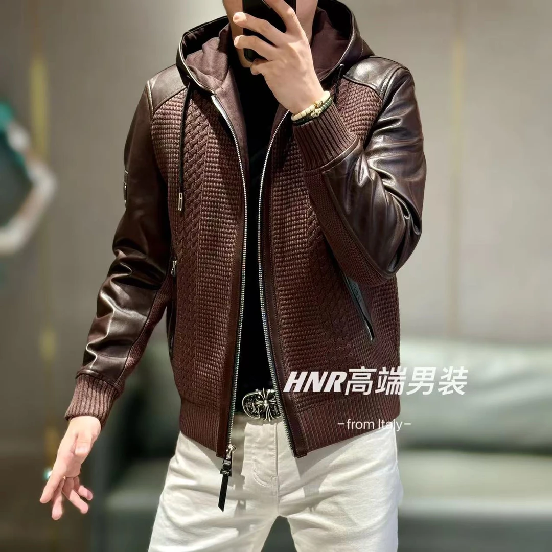 真皮绵羊皮拼接针织新款高端男士时尚休闲百搭潮流夹克外套9023