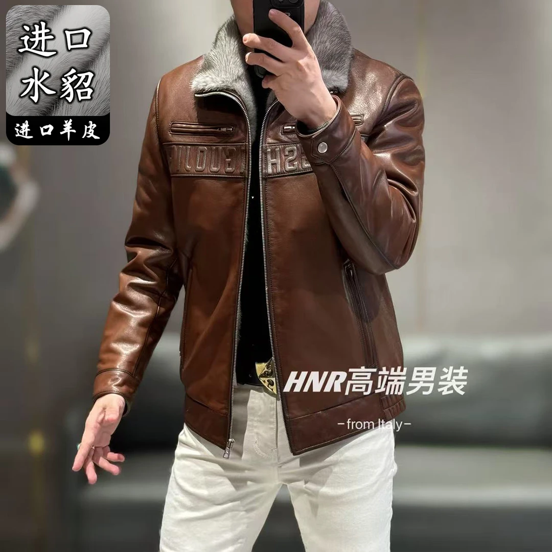 【真水貂皮衣】新款男士胸前双拉链设计休闲时尚潮流翻领皮衣0917