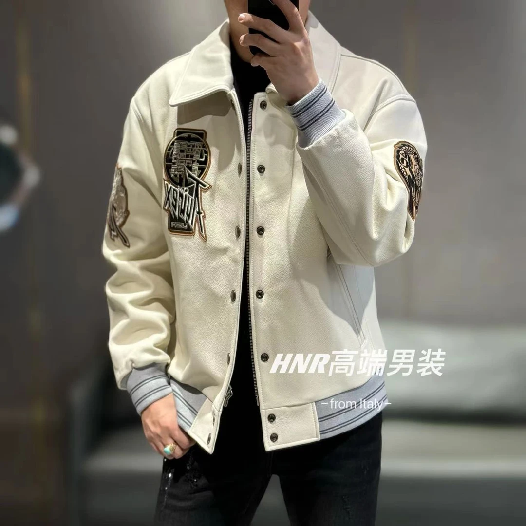 个性字母图案胸标新款高端男士时尚百搭潮流拉链山羊皮皮衣2478