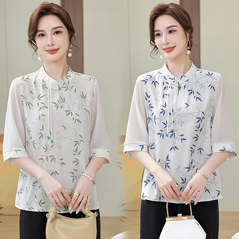 中老年女装春装新款妈妈雪纺套装洋气新中式衬衫春夏季七分袖上衣