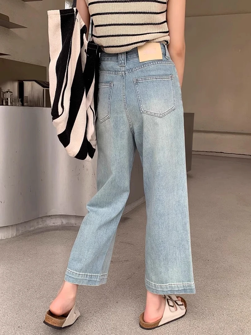 胖mm复古阔腿牛仔裤女大码春秋款高腰宽松垂感显瘦休闲九分直筒裤