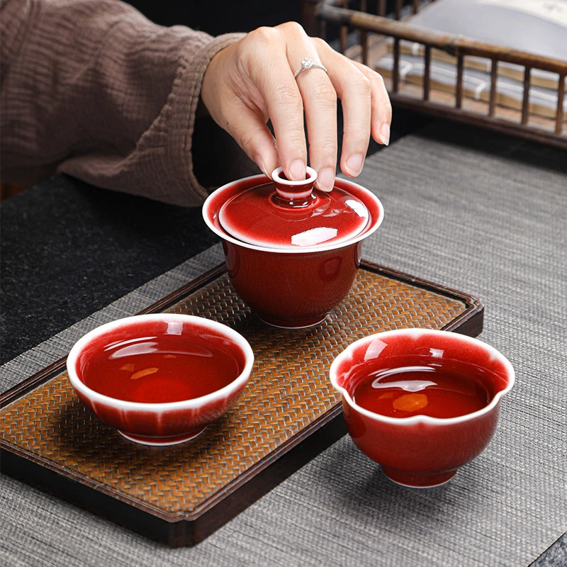 郎红盖碗茶杯茶具红釉主人杯婚礼敬茶杯高档陶瓷茶具茶杯伴手礼