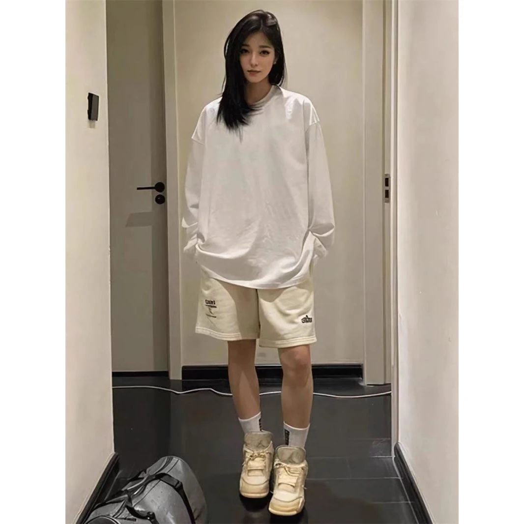 美式复古白色长袖T恤女纯棉秋冬2024新款宽松oversize打底衫上衣