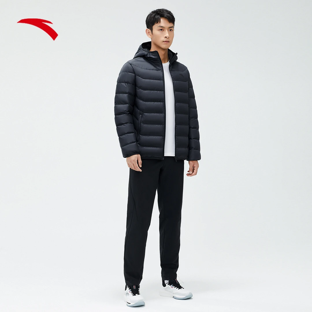 安踏连帽羽绒服男子2023冬季薄款轻羽绒服鸭绒保暖上衣连帽外套