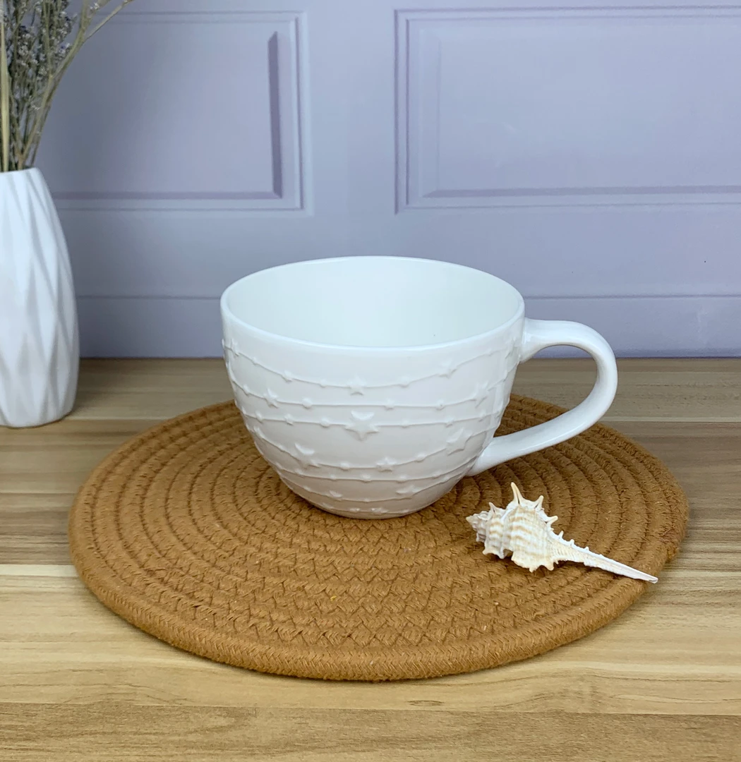 【铭策优品】M创意简约浮雕白色星星杯2只装家用陶瓷水杯咖啡杯