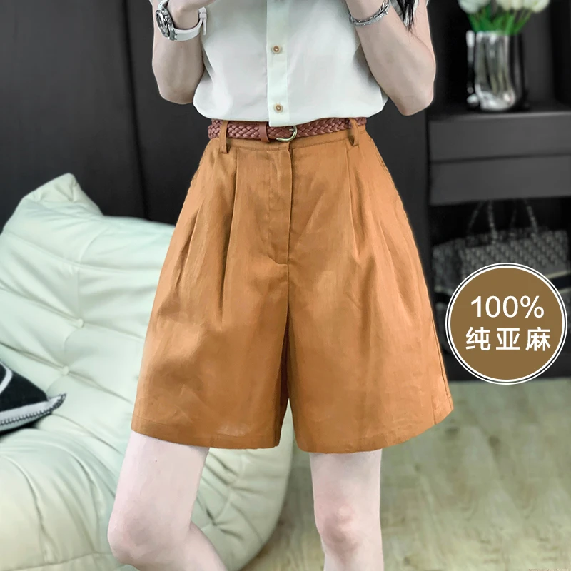 100纯亚麻短裤女夏季薄款2025新款 高腰显瘦休闲阔腿型休闲五分裤