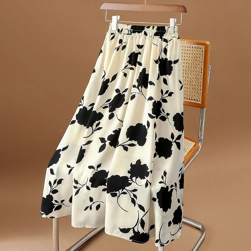 【80-210斤】大码女装印花玫瑰A字裙新款垂感松紧腰口袋大摆半身裙