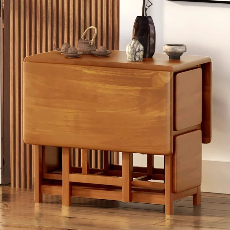 家用小户型折叠餐桌全实木可收纳桌长方形带凳子桌椅套装餐桌椅